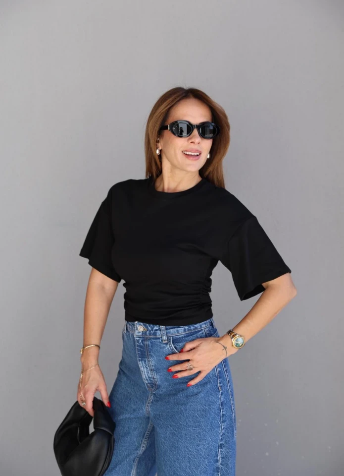 Siyah Bel Drape Detay Tshirt
