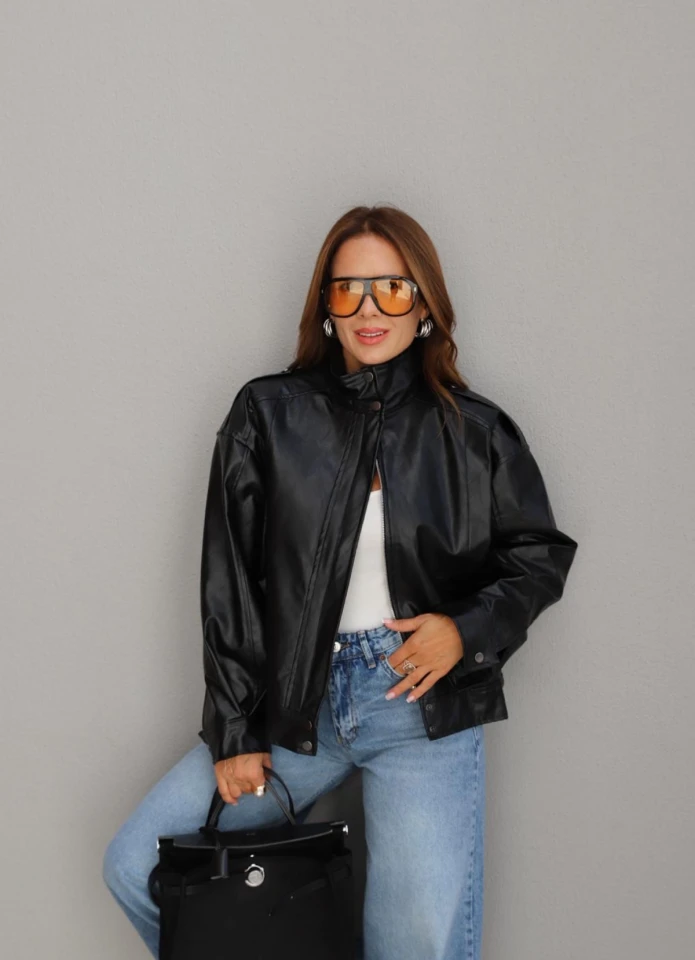Siyah Dik Yaka Suni Deri Ceket