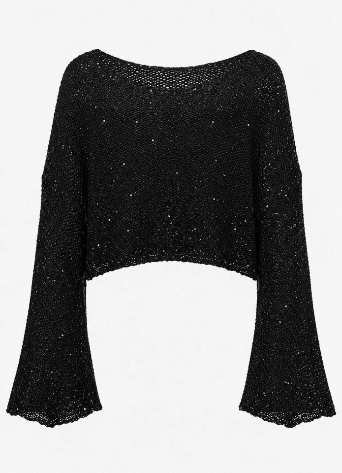 Siyah Pullu Merserize Crop Bluz
