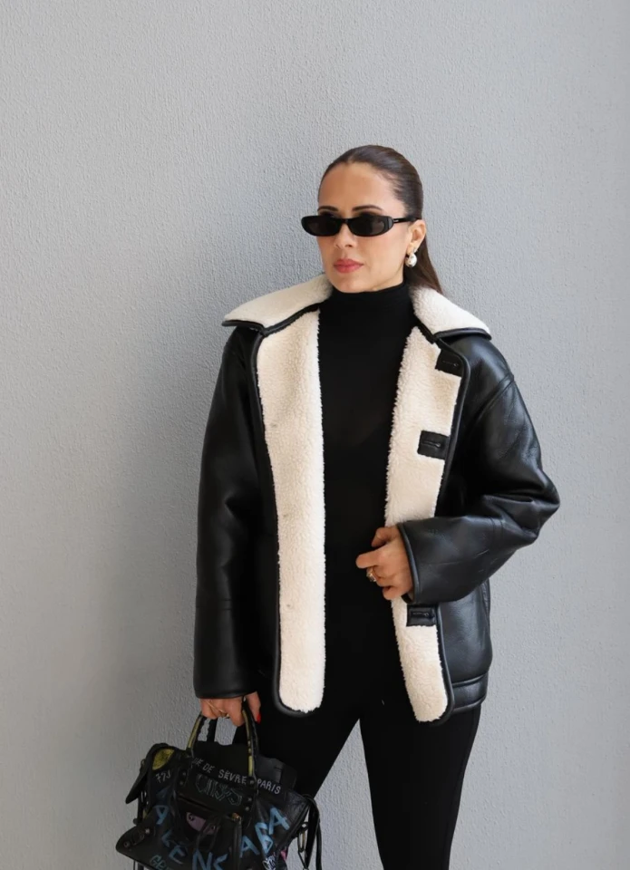 Siyah Çift Taraflı Peluş Deri Mont