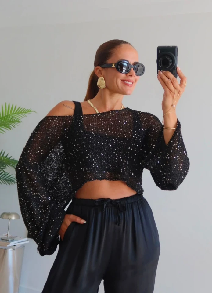 Siyah Pullu Merserize Crop Bluz