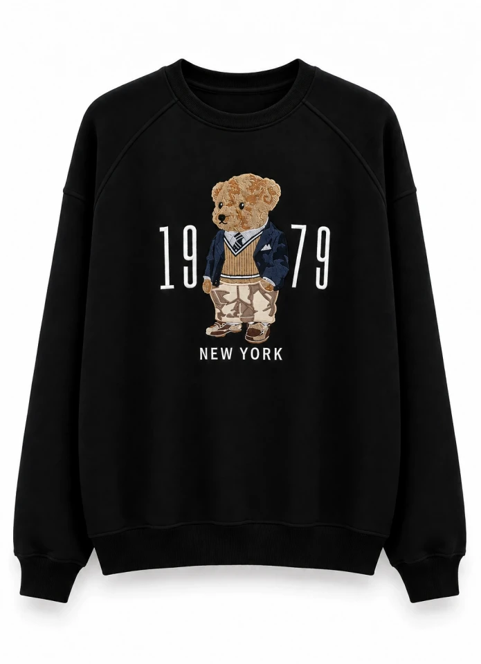 Siyah Teddy Nakış Detay Sweat