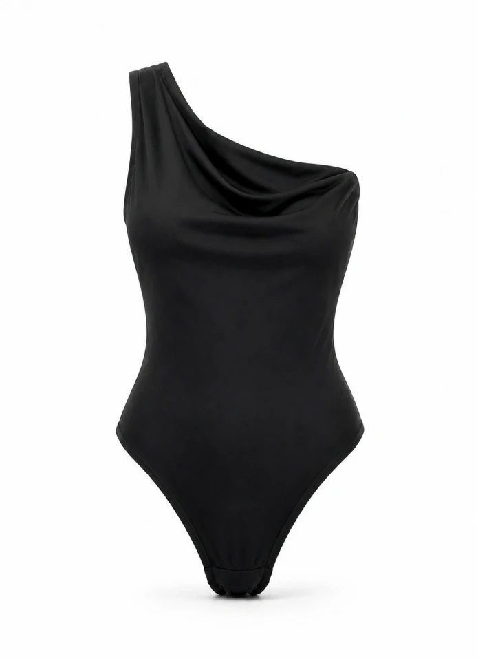 Siyah Tek Omuz Sırt Detay Bodysuit