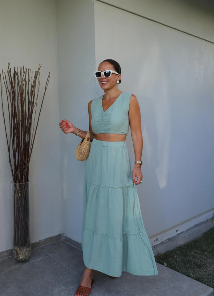 SOFT BLUE Chest Gather Detail Crop Skirt