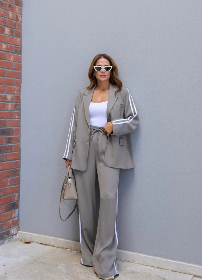 SOFT HAKİ Şerit Detay Blazer Pantolon Takım