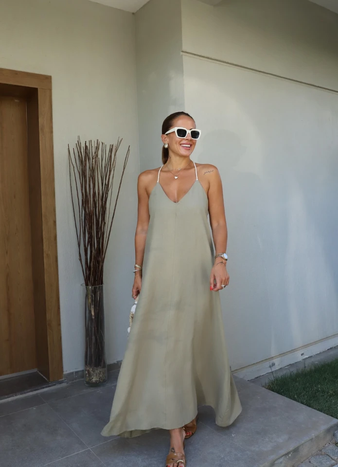 SOFT HAKİ Sırt Toka Detay Keten Elbise