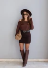Kahverengi Kemerli Mini Süet Etek