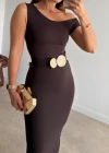 Kahverengi Düşük Omuz Bodycon Elbise