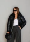 Siyah Kürk Yaka Biker Deri Ceket