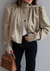 BEJ Dik Yaka Büzgülü Balon Kol Ceket