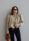 BEJ Dik Yaka Büzgülü Balon Kol Ceket