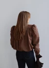 Kahverengi Dik Yaka Büzgülü Balon Kol Ceket