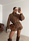 Kahverengi Kuşaklı Ceket Şort Takım