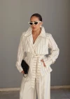 Ekru Kuşaklı Kruvaze Yaka Ceket