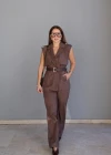 Kahverengi Kemerli Yelek Pantolon Takım