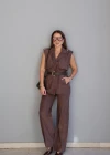 Kahverengi Kemerli Yelek Pantolon Takım