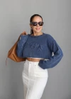 MAVİ Yıkamalı Crop Triko