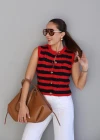 RENKLİ Gold Düğme Detay Çizgili Yelek