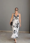 Ekru Çiçek Desen Maxi Elbise