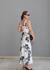Ekru Çiçek Desen Maxi Elbise