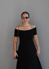 Siyah Kayık Yaka Maxi Elbise