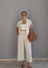 NATURAL Keten Nakışlı Ceket Pantolon Takım