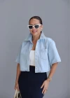 Buz Mavi Jean Crop Gömlek
