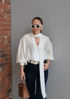 Ekru Bağlama Detay Transparan Gömlek