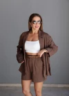 Kahverengi Keten Kemerli Ceket Şort Takım