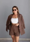 Kahverengi Keten Kemerli Ceket Şort Takım