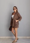 Kahverengi Keten Kemerli Ceket Şort Takım