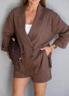 Kahverengi Keten Kemerli Ceket Şort Takım