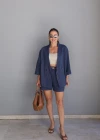 Lacivert Keten Kemerli Ceket Şort Takım