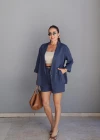 Lacivert Keten Kemerli Ceket Şort Takım
