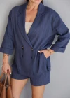 Lacivert Keten Kemerli Ceket Şort Takım