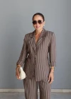 Kahverengi Çizgili Blazer Pantolon Takım