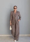 Kahverengi Çizgili Blazer Pantolon Takım