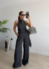 Antrasit Sırt Dekolteli Bluz Pantolon Takım