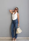 MAVİ Taşlamalı Mom Jean