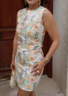 RENKLİ Desenli Drape Detay Elbise