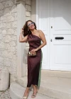 YEŞİL Sırt Detay Tek Omuz Saten Elbise