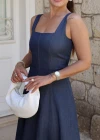 Lacivert Volanlı Maxi Jean Elbise