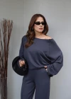 Antrasit Düşük Omuz Bluz Pantalon Takım