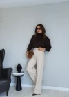 Beige High Waisted Gabardine Trousers