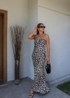 BEJ Askılı Leopar Desen Elbise