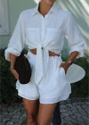 Beyaz Bağlama Detay Gömlek Şort Takım