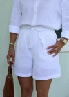 Beyaz Bel Bağlama Detay Keten Şort