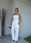 Fularlı Beyaz Bol Paça Keten Pantolon