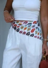 Fularlı Beyaz Bol Paça Keten Pantolon