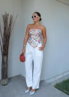 Fularlı Beyaz Bol Paça Keten Pantolon